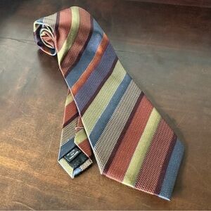 Kenneth Cole New York Striped 100% Silk Neck Tie in Earth Tones Blue Gold Rec